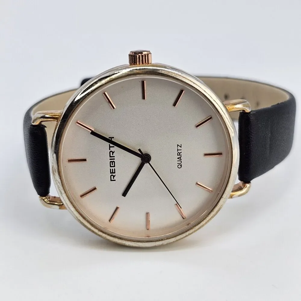 Rebirth Women's‎ Watch 41MM Gold Dial Black Leather Bands New Battery